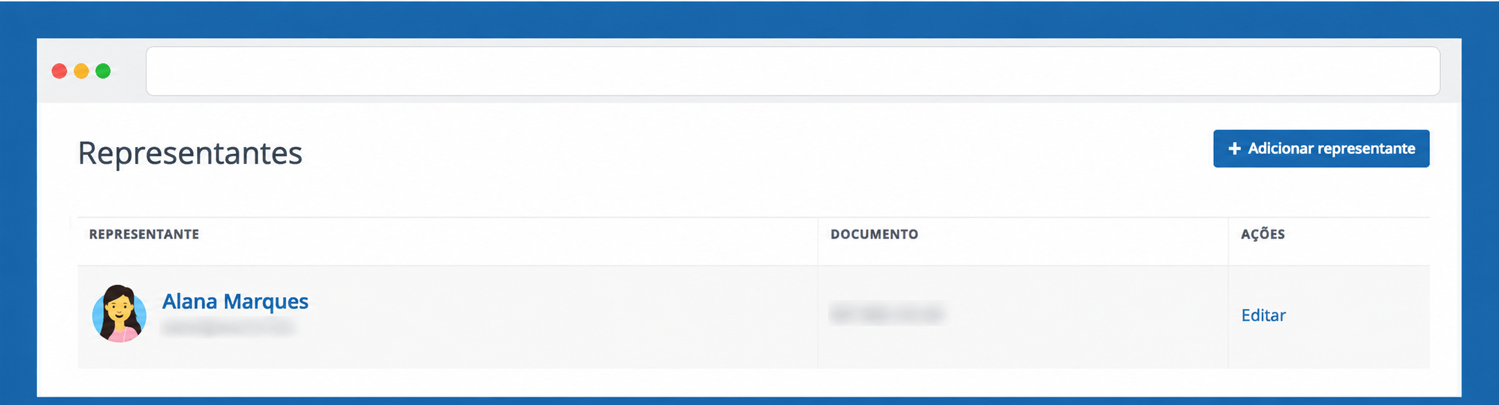 Menu Representantes com botão Adicionar representante; e-mail e CPF ocultos