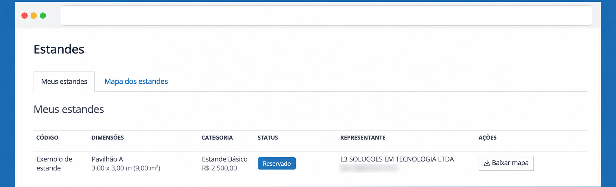 Estande vinculado à empresa; e-mail oculto