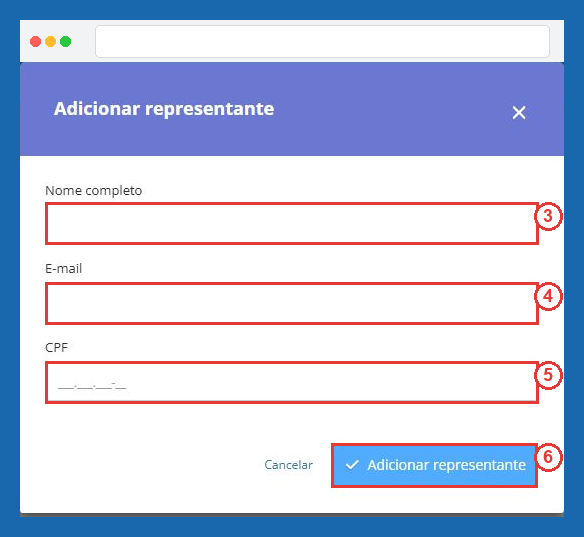 Campos para adicionar representante