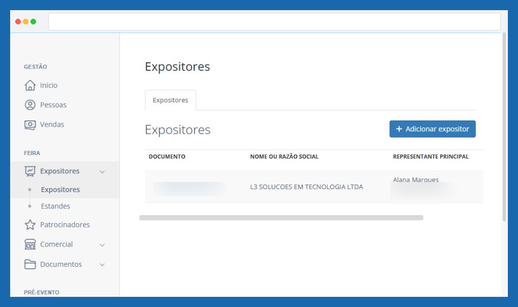 Tela do menu Expositores no módulo de Feira