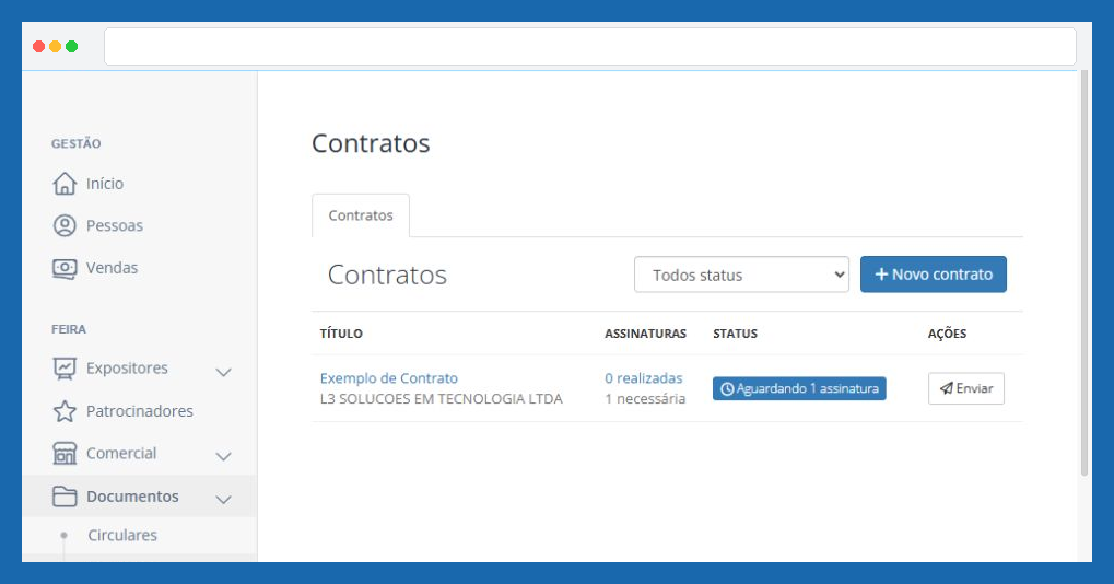 Tela do menu Contratos no módulo de Feira