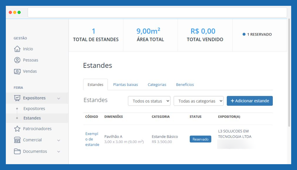 Tela do menu Estandes no módulo de Feira