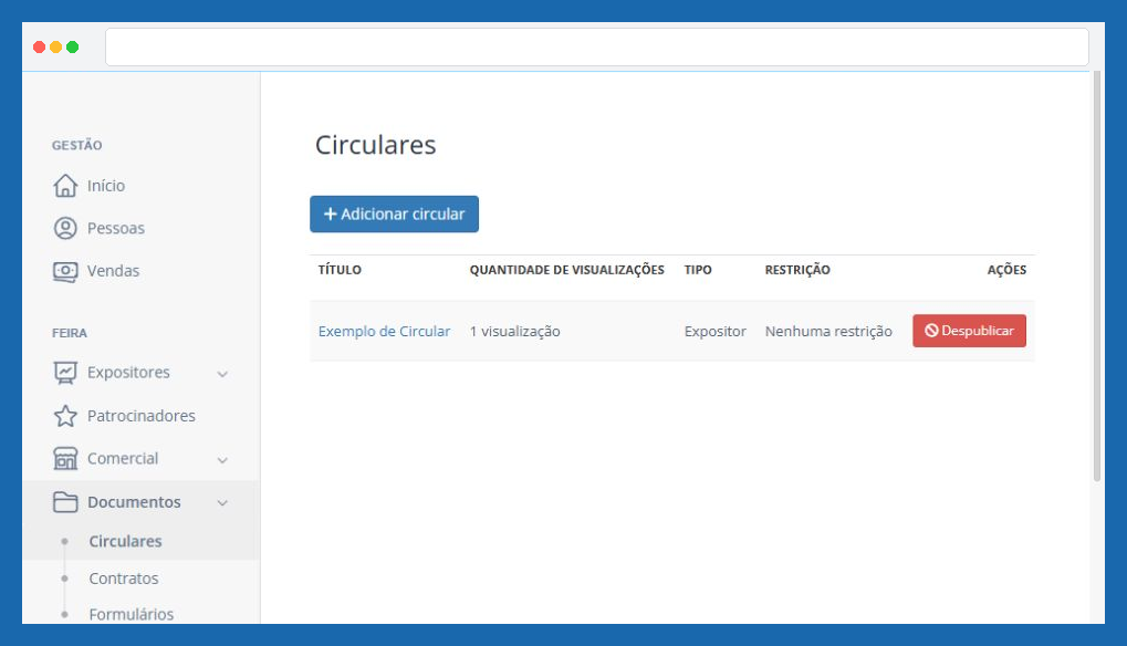 Tela do menu Circulares no módulo de Feira