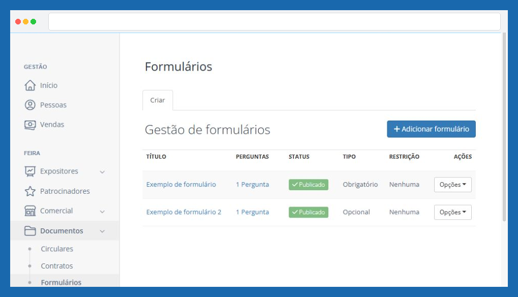 Tela do menu Formulários no módulo de Feira