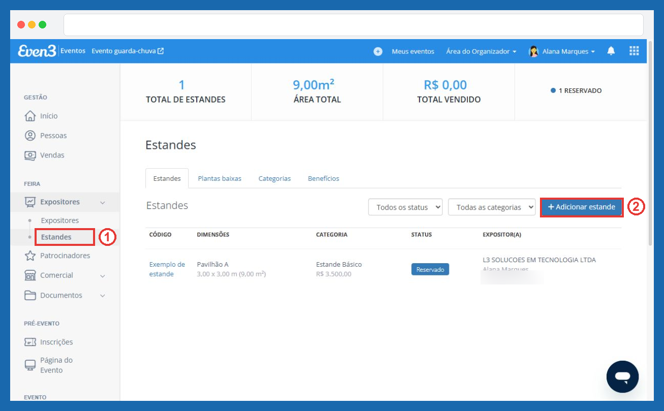 Tela de estandes com o menu Estandes e o botão Adicionar estande destacados