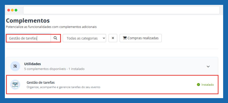 Busca pelo complemento Gestão de tarefas