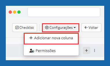 Menu Configurações com Adicionar nova coluna