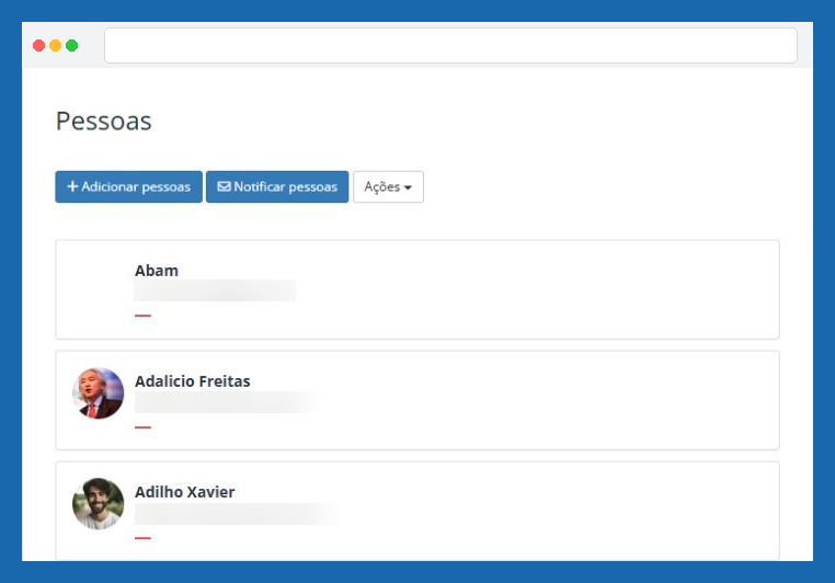 Menu Pessoas com lista de pessoas do evento