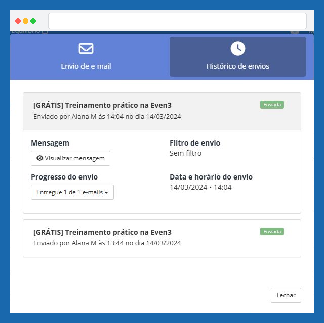 Detalhes de uma notificação no histórico
