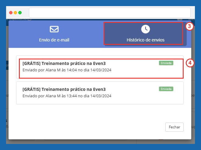 Histórico de envios e seleção de uma notificação, passos 3 e 4