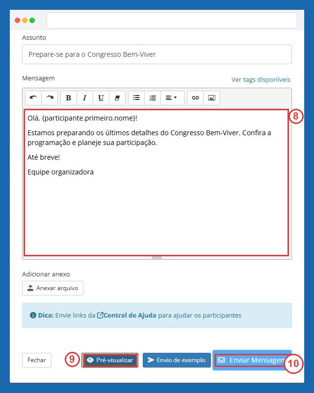 Mensagem, pré-visualização e envio, passos 8 a 10