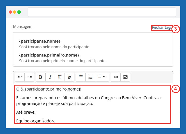 Botão de tags e mensagem personalizada, passos 3 e 4