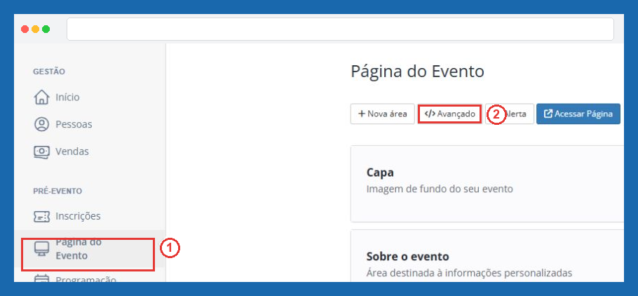 Menu Página do Evento e botão Avançado, passos 1 e 2