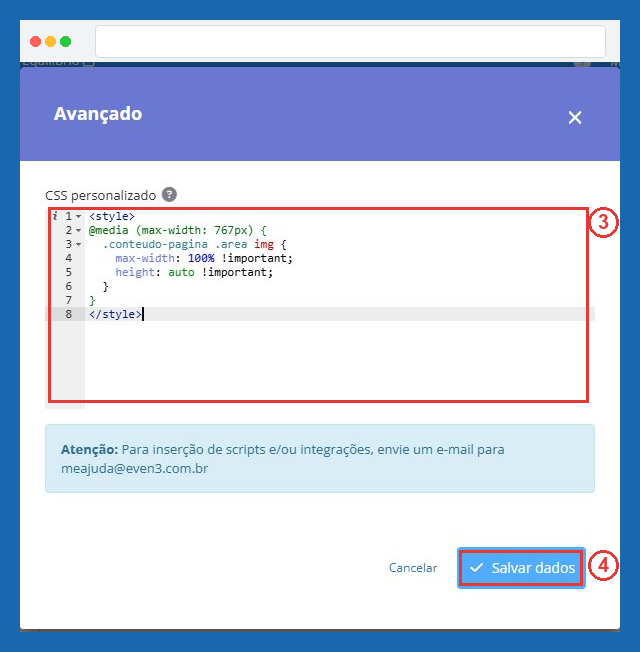 Campo CSS personalizado e botão Salvar dados, passos 3 e 4