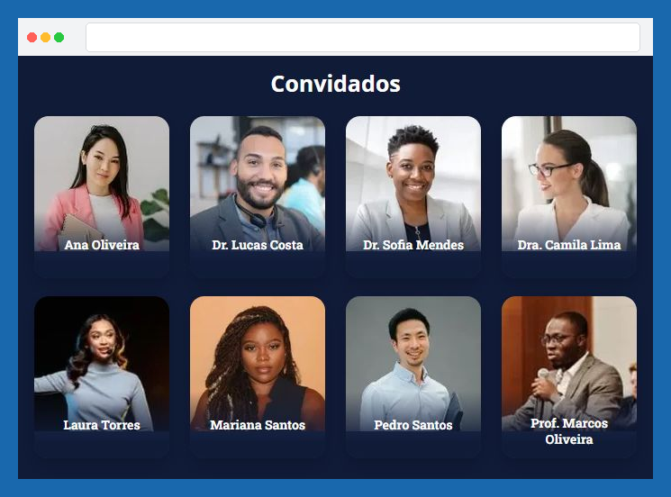 Mural de fotos com fundo azul-escuro e nomes sobrepostos