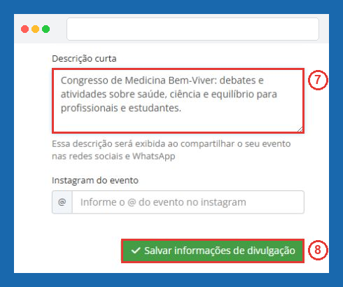 Descrição curta e salvamento da divulgação