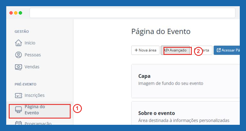 Menu Página do Evento e botão Avançado, passos 1 e 2