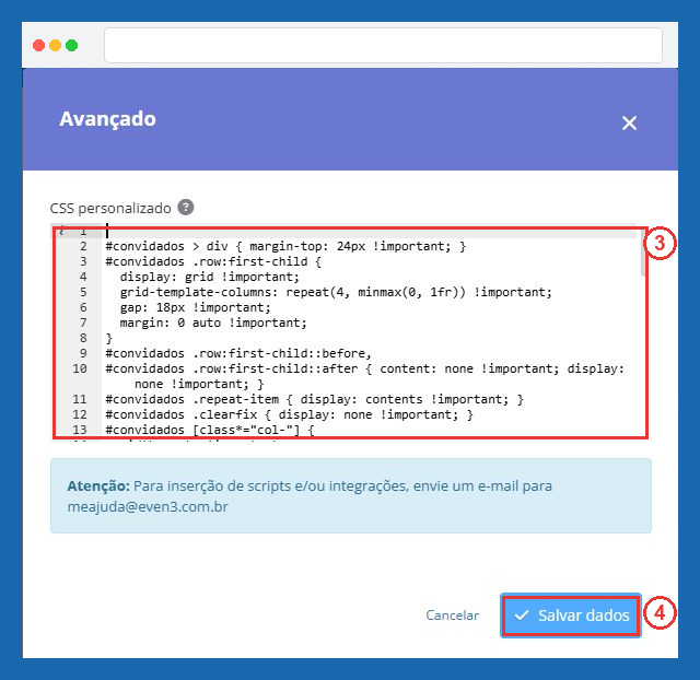 Campo CSS personalizado e botão Salvar dados, passos 3 e 4